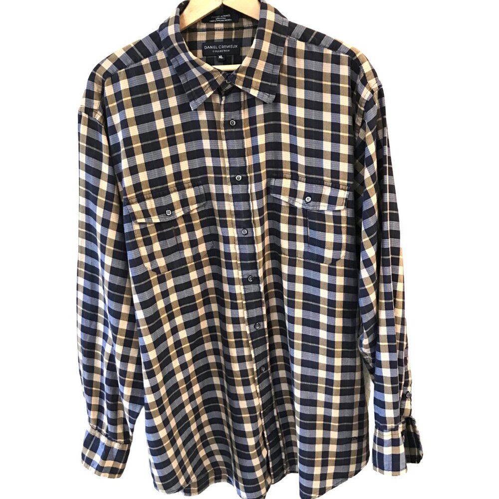 Daniel Cremieux Button-Down Shirt Navy & Brown Plaid Cotton Men’s Size XL